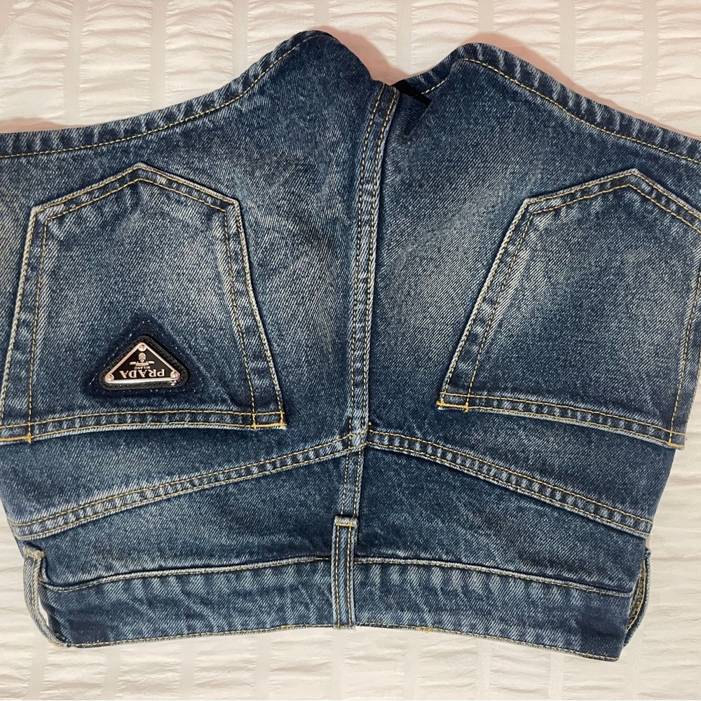 Prada Black Triangle Logo Patch on Blue Denim